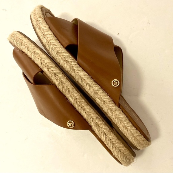 MICHAEL Miichael Kors Linden Brown Slip On Leather Sandals Size 9M Flat Jute - Picture 5 of 12
